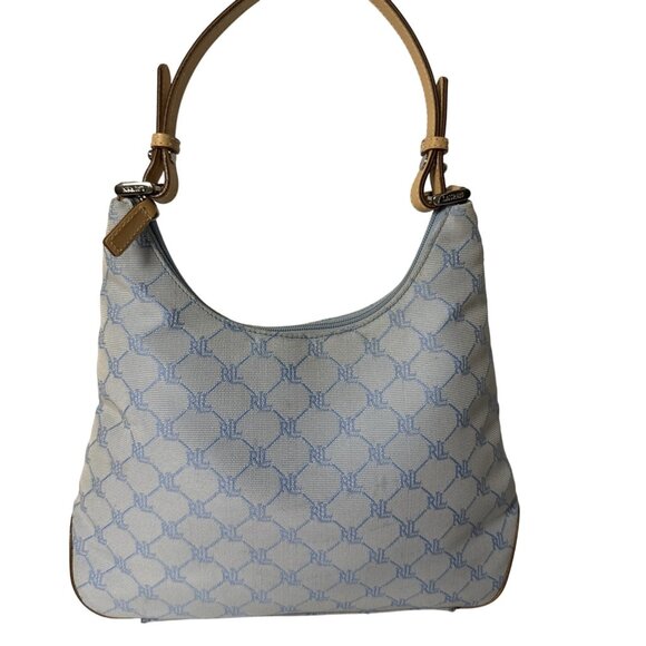 Ralph Lauren Monogram Canvas Hobo Bag Blue & Beige With Adjustable Strap - Picture 1 of 16